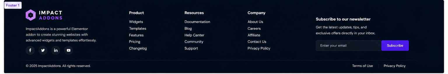 Elementor footer example with logo, links, and newsletter signup