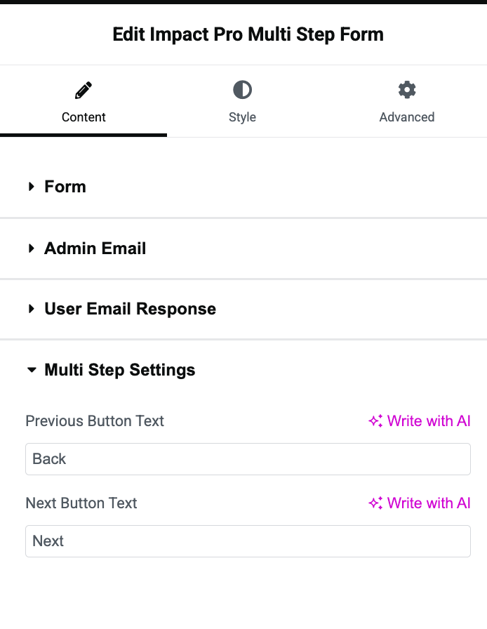 Multi Step Form Builder Elementor navigation buttons settings