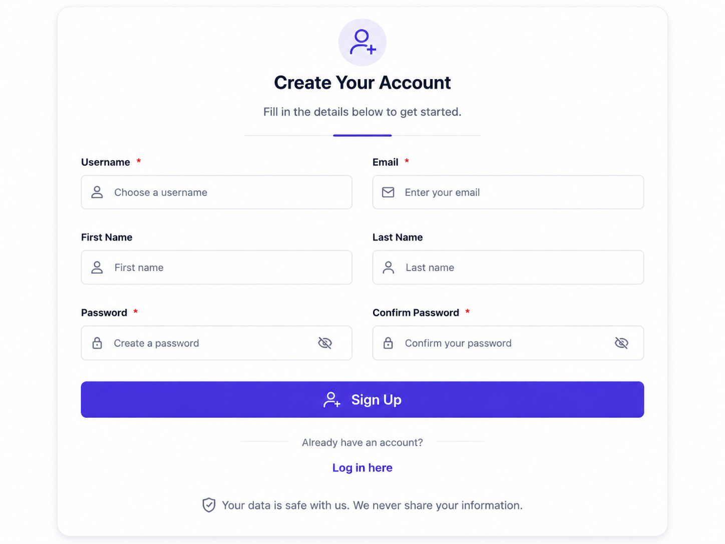 Create Registration Form in Elementor preview example