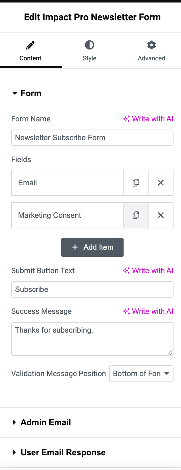 Configure Elementor newsletter form fields and subscribe button