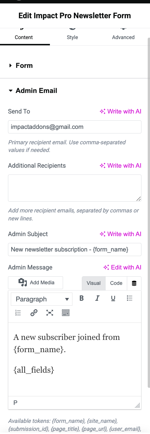 Elementor newsletter subscriber automatic email response