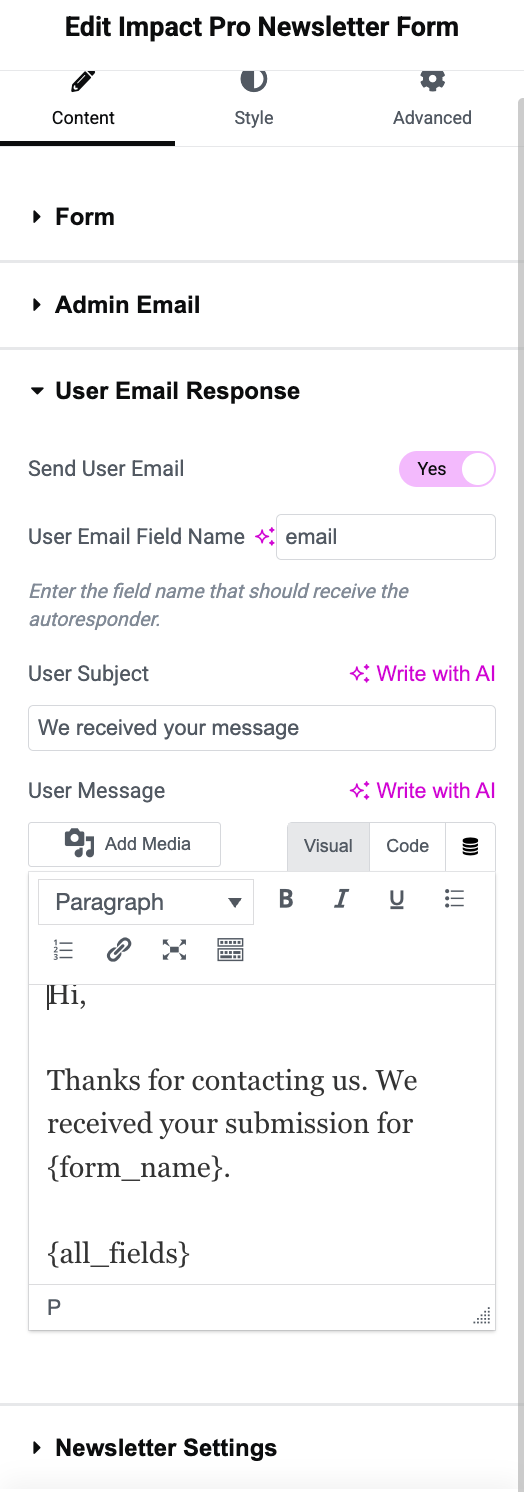 Newsletter Signup Form in Elementor marketing consent settings
